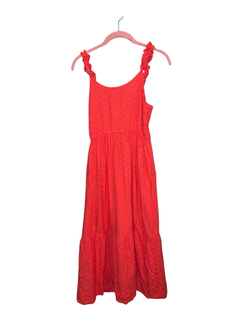 Jessica Simpson Coral Red Eyelet Maxi Dress with Ruffled Straps